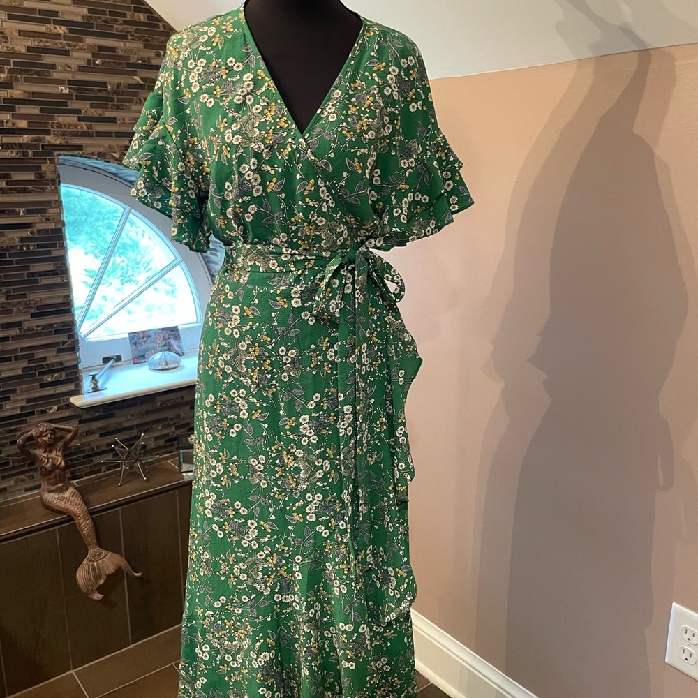 Max Studio Green Flutter Sleeve Wrap Maxi Dress
